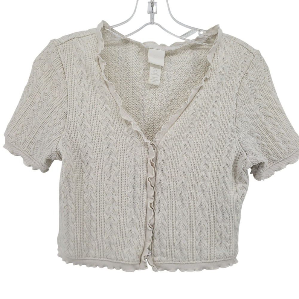 HM Womens Cream Cable Knit Short Sleeve Cardigan Ruffle Trim Cropped Sweater S